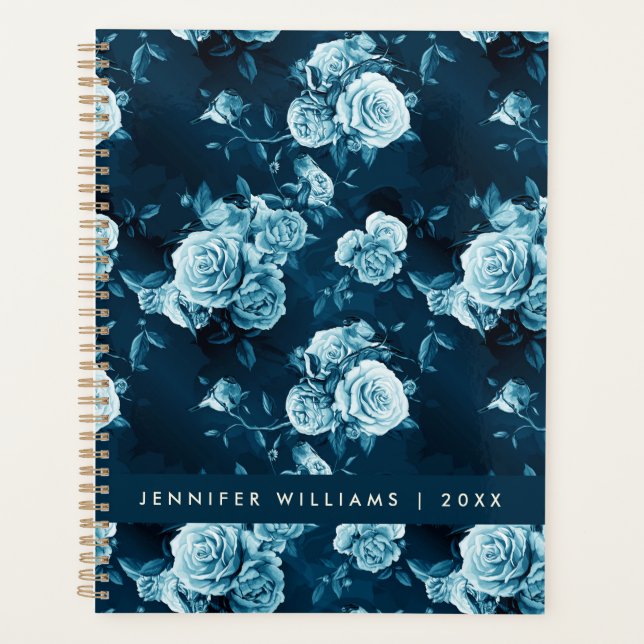 Add Your Name | Classic Blue Rose Pattern Planner (Front)