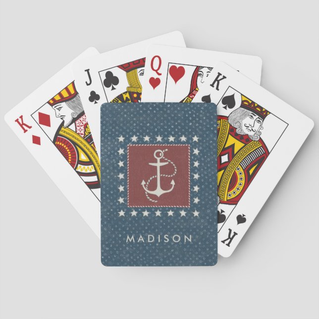 Add Your Name | Coastal Art | Anchor on Red Playing Cards (Back)