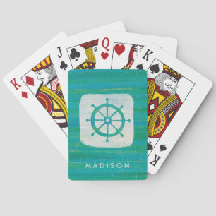 Add Your Name   Coastal Art   Aqua Steering Wheel Playing Cards