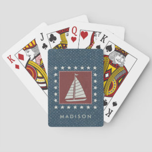Add Your Name   Coastal Art   Sailboat on Red Playing Cards
