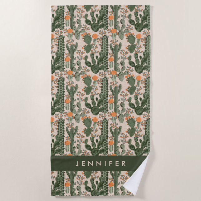 Add Your Name | Colourful Cactus Pattern Beach Towel (Front)