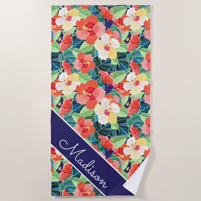 Add Your Name | Colourful Hibiscus Pattern Beach Towel (Front)