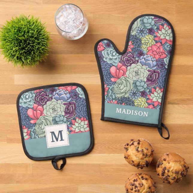 Add Your Name | Colourful Succulent Pattern Oven Mitt & Pot Holder Set (Top Down)