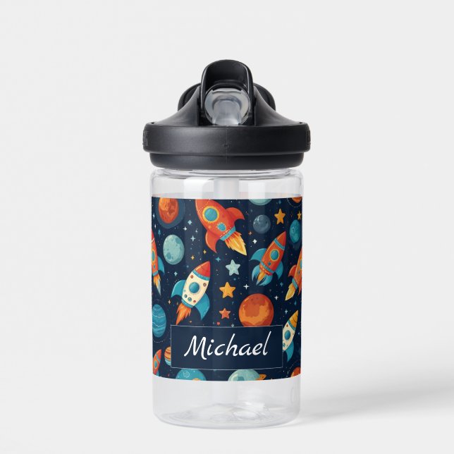 Add Your Name Cool Rocket Ship Space and Planets Water Bottle (Front)