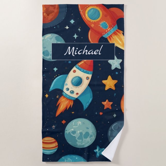 Add Your Name Cool Rocket Space and Planets Beach Towel (Front)