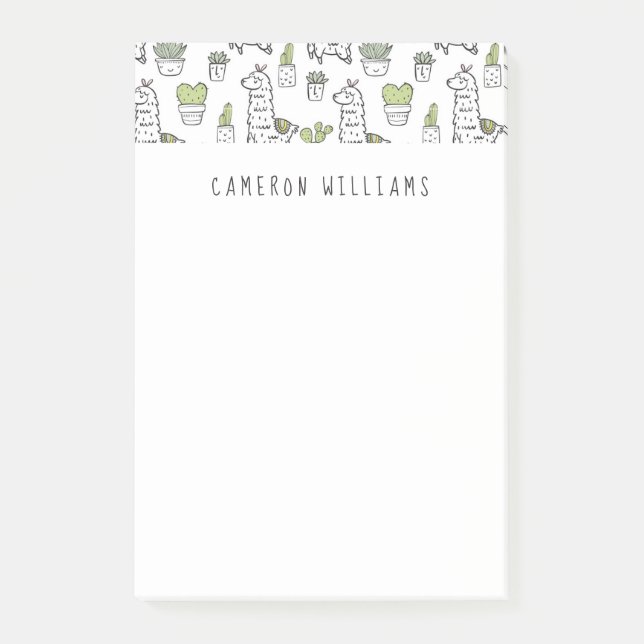 Add Your Name | Cute Alpaca & Cactus Pattern Post-it Notes (Front)