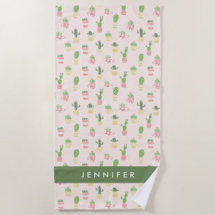 Add Your Name Cute Cactus Pattern Beach Towel