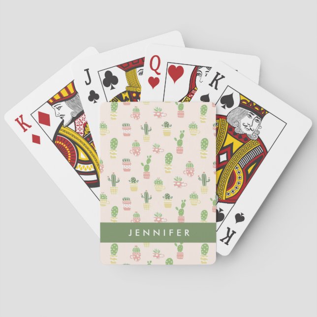 Add Your Name | Cute Cactus Pattern Playing Cards (Back)