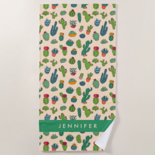 Add Your Name   Cute Cactus Standing Pattern Beach Towel