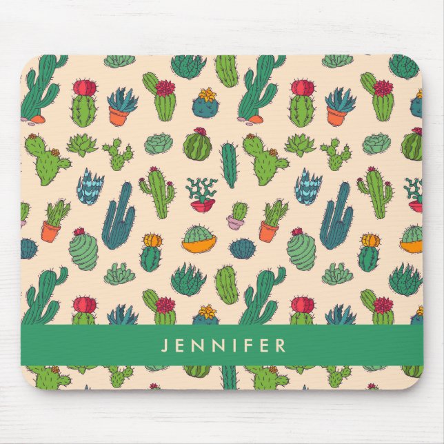 Add Your Name | Cute Cactus Standing Pattern Mouse Pad (Front)