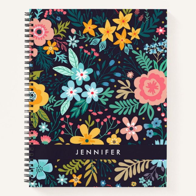 Add Your Name | Cute Colourful Floral Pattern Notebook (Front)