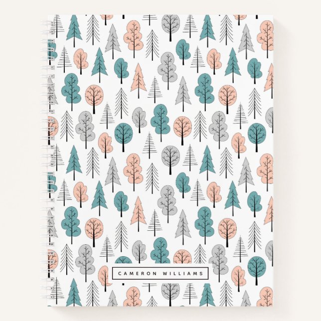 Add Your Name | Cute Doodle Forest Pattern Notebook (Front)