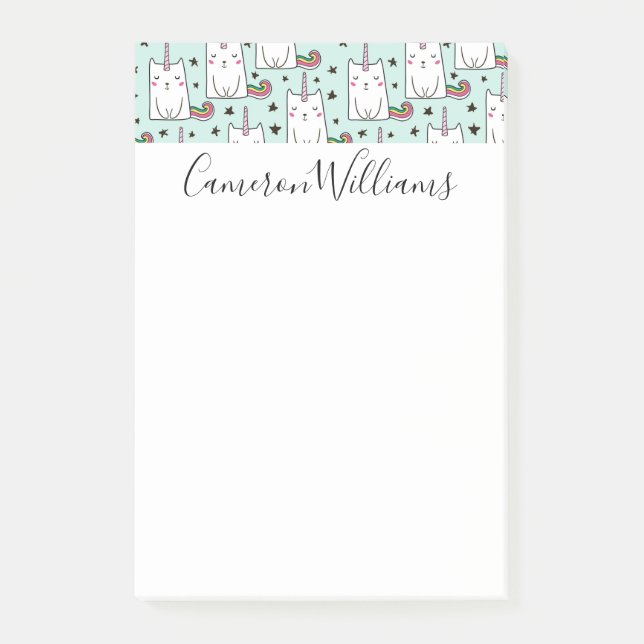 Add Your Name | Cute Hand Drawn Unicorn Cat Post-it Notes (Front)