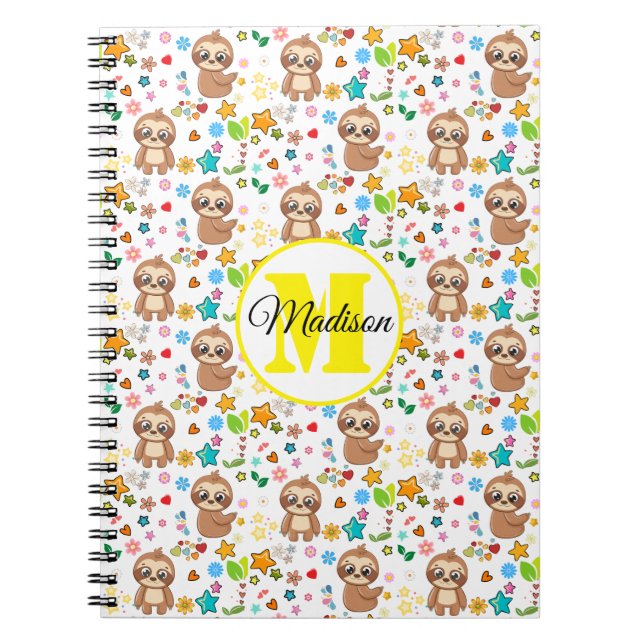 Add Your Name | Cute Hearts Stars Sloth Pattern Notebook (Front)