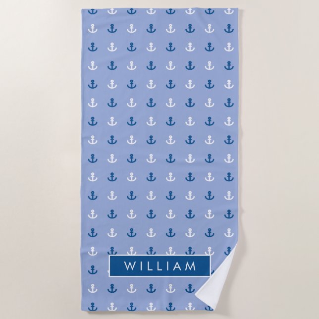 Add Your Name | Cute Little Anchor Pattern Beach Towel (Front)