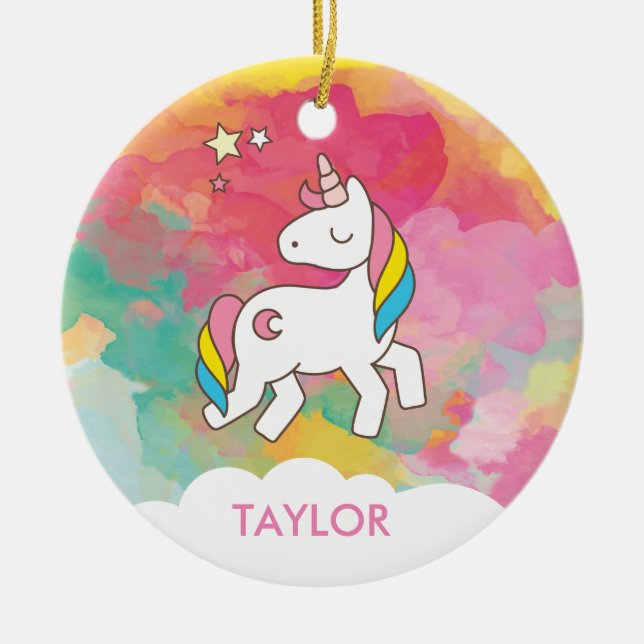 Add Your Name Cute Magical Unicorn Personalised Ceramic Tree Decoration (Front)