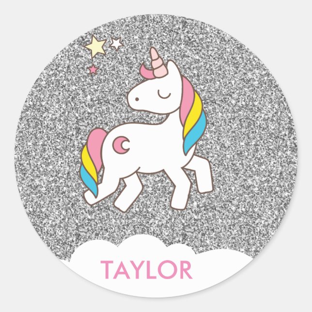 Add Your Name Cute Magical Unicorn Personalized Classic Round Sticker (Front)