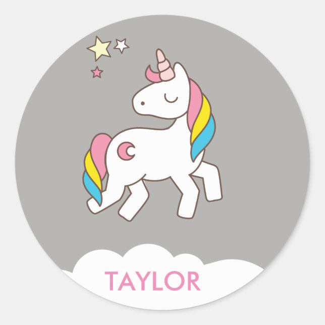 Add Your Name Cute Magical Unicorn Personalized Classic Round Sticker (Front)