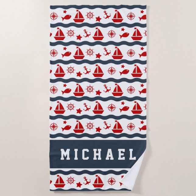 Add Your Name | Cute Maritime Pattern Beach Towel (Front)
