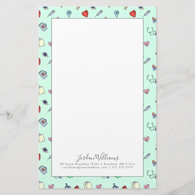 Add Your Name | Cute Medical Icon Pattern Stationery (Front)
