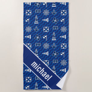Add Your Name   Cute Nautical Waves Pattern Beach Towel