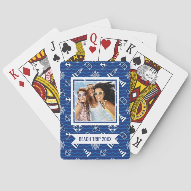 Add Your Name | Cute Nautical Waves Pattern Playing Cards (Back)