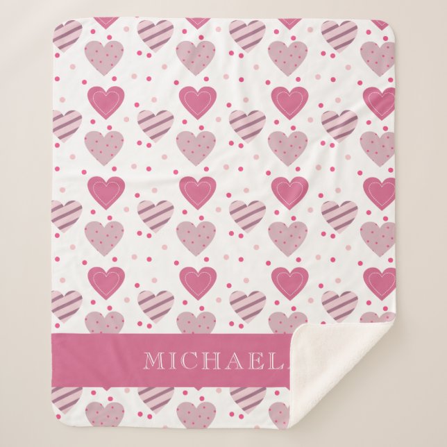 Add your Name Cute Pink Hearts Pattern Baby Girl Sherpa Blanket (Front)