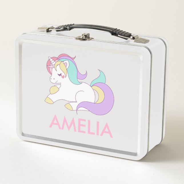 add Your Name Cute Unicorn Personalized Metal Lunch Box (Front)