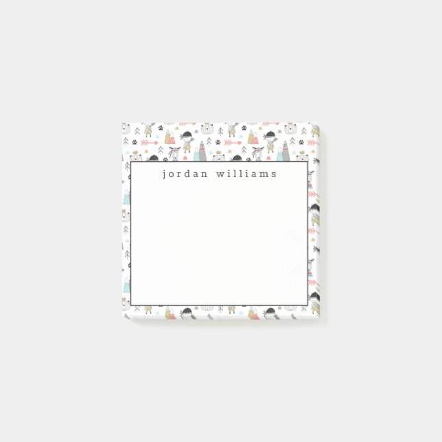 Add Your Name | Cute Woodland Animals & Indian Boy Post-it Notes (Front)