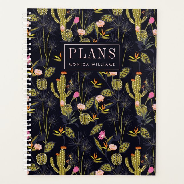 Add Your Name | Dark Summer Night Cactus Pattern Planner (Front)