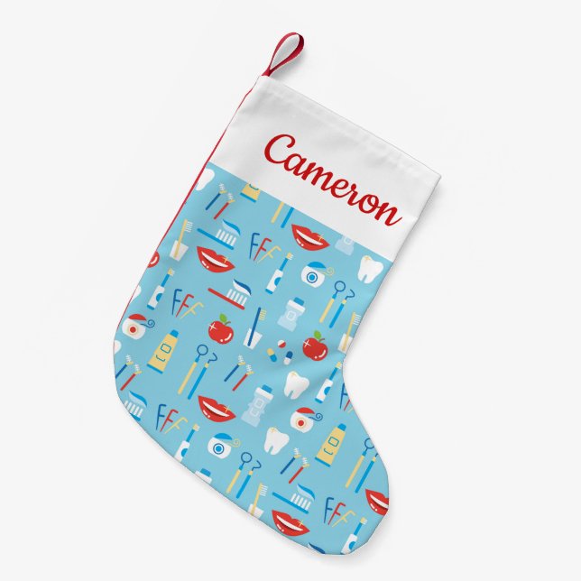 Add Your Name | Dental Blue Pattern Small Christmas Stocking (Front (Hanging))