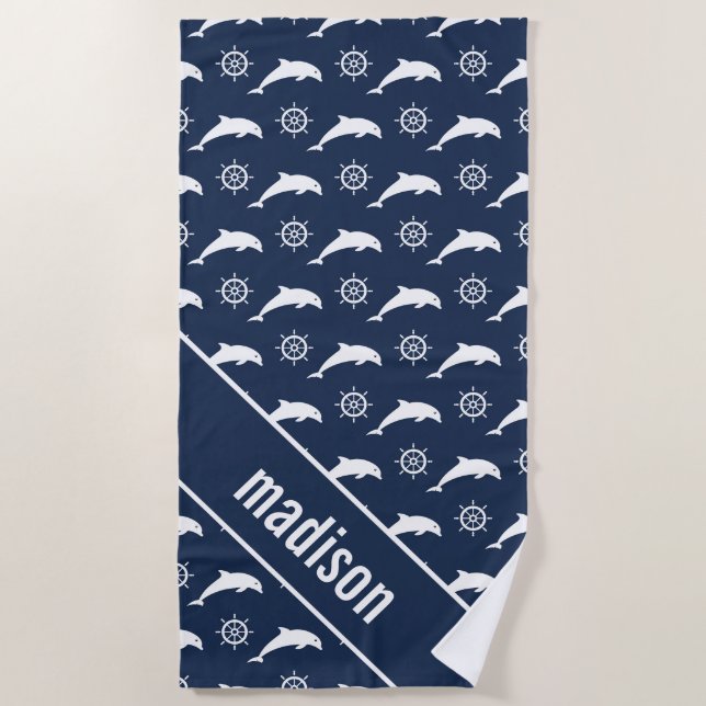 Add Your Name | Dolphins On Parade Pattern Beach Towel (Front)