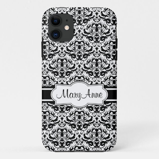 Add Your Name Elegant Black and White Damask Case-Mate iPhone Case (Back)
