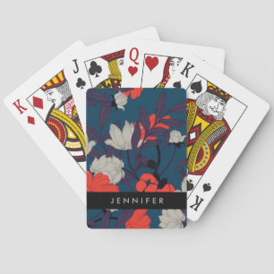 Add Your Name Elegant Blue & Red Floral Pattern Playing Cards
