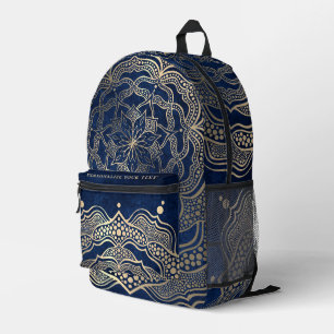 Add Your Name Elegant Gold & Navy Blue Mandala Printed Backpack