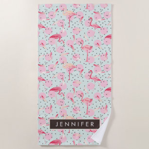 Add Your Name   Flamingo Feathers On Polka Dots Beach Towel