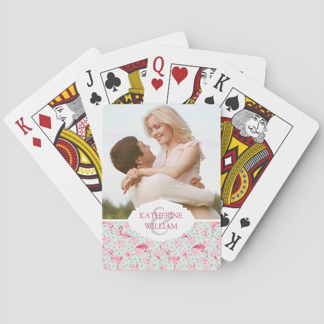 Add Your Name | Flamingo Feathers On Polka Dots Playing Cards (Back)