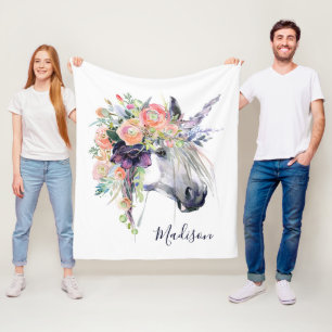 Add Your Name   Floral Dressed Unicorn Fleece Blanket