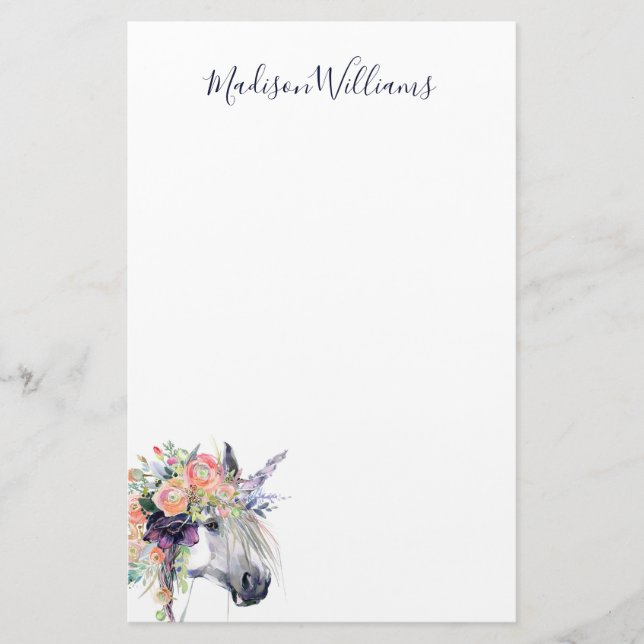 Add Your Name | Floral Dressed Unicorn Stationery (Front)
