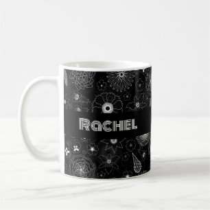 Add Your Name Floral Outline Black & White Pattern Coffee Mug