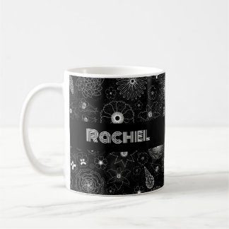 Add Your Name Floral Outline Black & White Pattern Coffee Mug