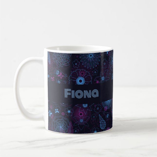 Add Your Name Floral Outline Blue & Purple Pattern Coffee Mug (Left)