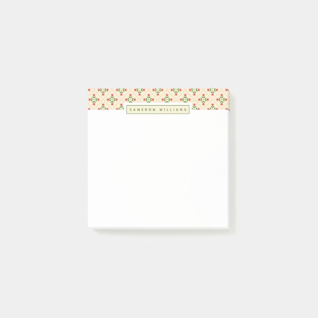 Add Your Name | Floral Pink & Green Quilt Folk Art Post-it Notes (Front)