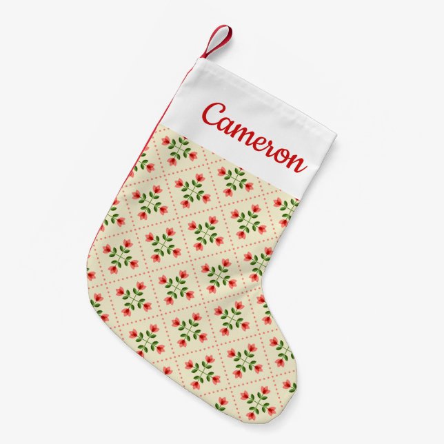 Add Your Name | Floral Pink & Green Quilt Folk Art Small Christmas Stocking (Front (Hanging))