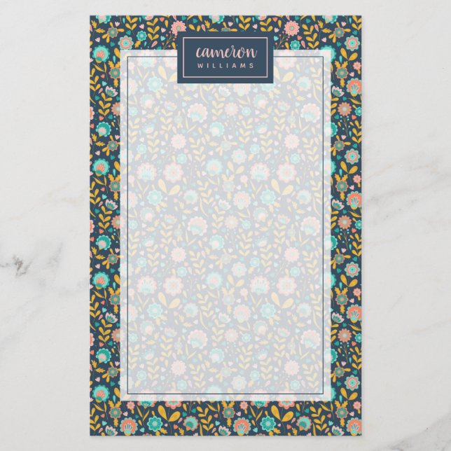 Add Your Name | Folk Art Flower Pattern Stationery (Front)