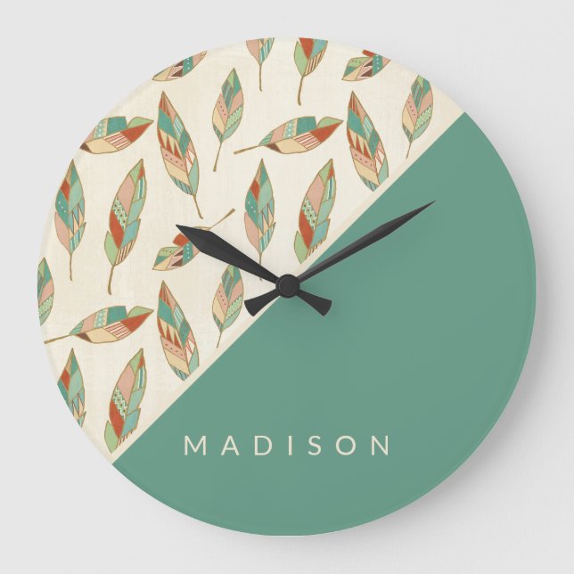 Add Your Name | Geometric Feather Pattern Large Clock (Front)