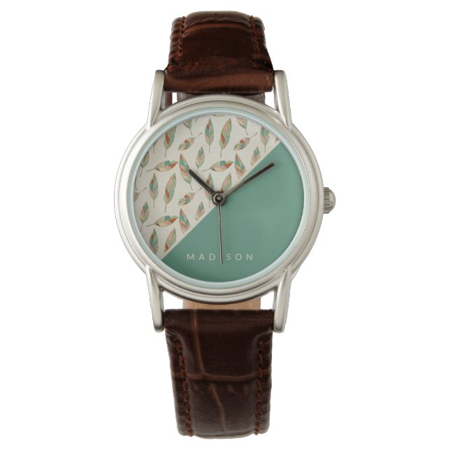 Add Your Name | Geometric Feather Pattern Watch (Front)