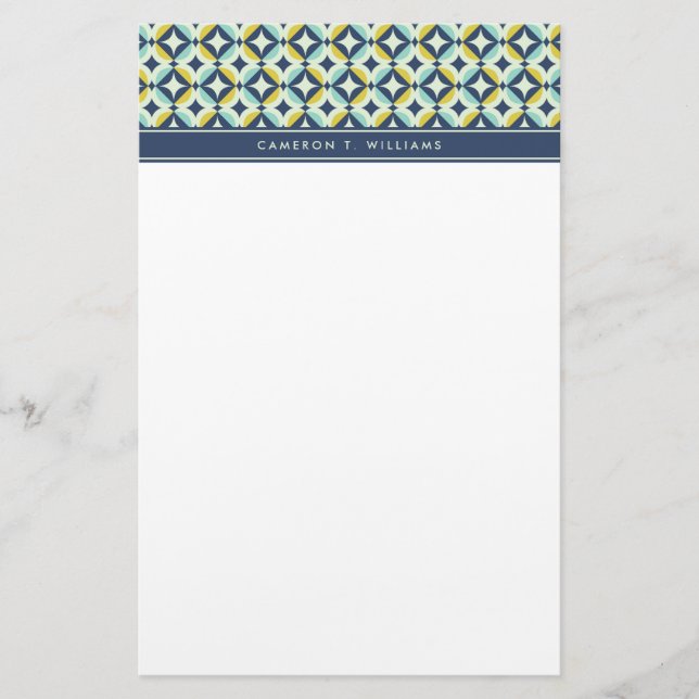 Add Your Name | Geometric Gold & Blue Pattern Stationery (Front)