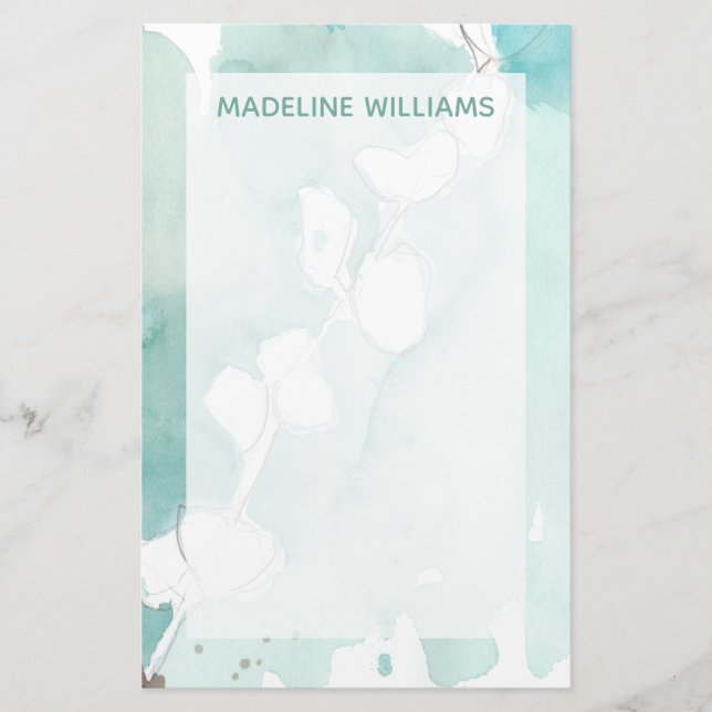 Add Your Name | Ginkgo on Dusty Teal - White Stationery (Front)