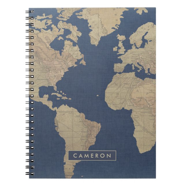 Add Your Name | Gold and Blue World Map Spiral Notebook (Front)